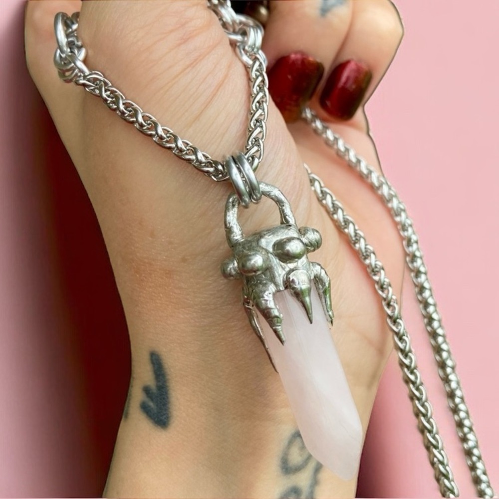 Natural Rose quartz crystal gemstone boho goth stone  charm necklace - Picture 5 of 14